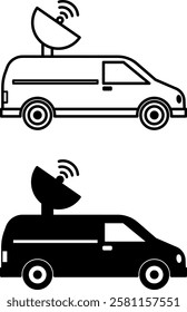 Satellite Truck Icons. Black and White Vector Icons. Vehicle For Transporting Reporter Equipment. Journalism Concept