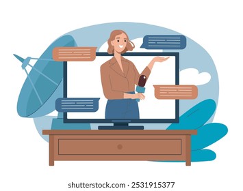 Concepto de televisión por satélite. Mujer con el micrófono en la pantalla de la TV. Chica joven en la televisión. Receptor y transmisor, antena y cable. Ilustración vectorial plana aislada sobre fondo blanco