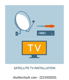 Satellitenfernsehinstallation und -reparatur, Konzeptsymbol mit Satellitenschüssel, Fernseher, Empfänger und Schraubenzieher