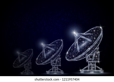 Satellite tv and radio signals receiver parabolic antenna low poly wireframe mesh made of points, lines and shapes. Vector polygonal art style illustration. Telecommunications equipment poster.