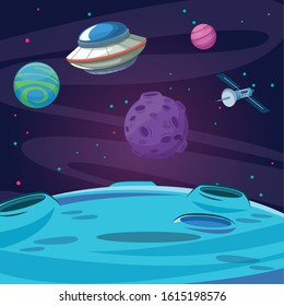 satellite ufo moon planets galaxy space exploration vector illustration