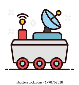 Icono de la camioneta de satélite en estilo plano, estilo vectorial plano del vehículo de radiodifusión 