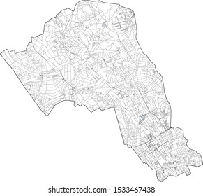 Satellite view of the London boroughs, map and streets of Camden borough. England