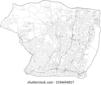 Satellite view of the London boroughs, map and streets of Enfield borough. England