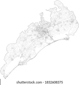 Satellite view of Montpellier a city near the south coast of France on the Mediterranean Sea and surrounding areas. Map streets of the area