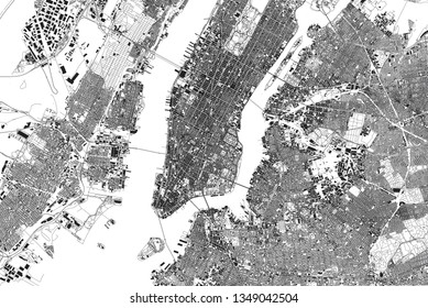 Satellitensicht auf die Stadt New York, Karte, Gebäude. Straßen und Wolkenkratzer von Manhattan, Brooklyn und Queens. Jersey Stadt. USA