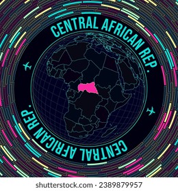Satellite view of the world centered to Central African Republic. Bright neon style. Futuristic radial bricks background. Amazing vector illustration.