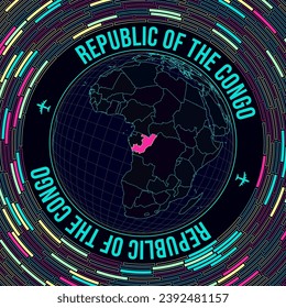 Satellite view of the world centered to Congo. Bright neon style. Futuristic radial bricks background. Modern vector illustration.