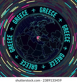 Satellite view of the world centered to Greece. Bright neon style. Futuristic radial bricks background. Artistic vector illustration.