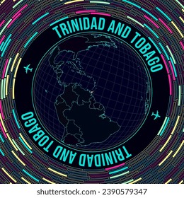 Satellite view of the world centered to Trinidad and Tobago. Bright neon style. Futuristic radial bricks background. Authentic vector illustration.