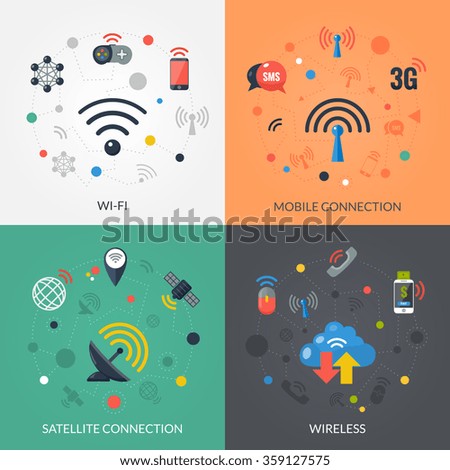 Satellite wireless connection technology for mobile electronic devices 4 flat icons square composition banner abstract isolated vector illustration