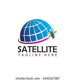 Satellite and world logo template design vector communication system logotype in isolated background
