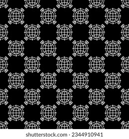 Satellites around the Earth vector concept dark seamless pattern in outline style