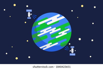 Satelliten kommunizieren durch die Umlaufbahn zwischen Erde, Weltraum-Landschaft, Galaxie-Flachdesign-Illustration.