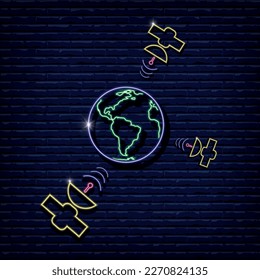 Satélites y tierra, imagen vectorial, signo de neón, icono, espacio