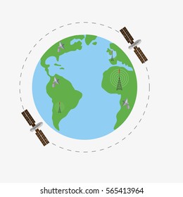 Satellites Flying Above Earth Planet. Orbit For Satellites. Vector Illustration 