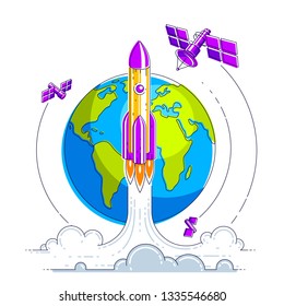 Satellites flying orbital flight around earth, communication technology spacecraft space stations with solar panels and satellite antenna plate. Thin line 3d vector illustration.