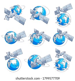 Satellites flying orbital flight around earth, communication technology spacecraft space station with solar panels and satellite antenna plate. Thin line 3d vector illustrations set isolated.