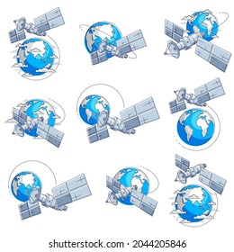 Satellites flying orbital flight around earth, communication technology spacecraft space station with solar panels and satellite antenna plate. Thin line 3d vector illustrations set isolated.