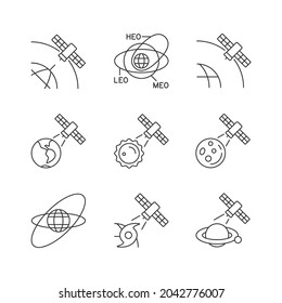 Satellites functions linear icons set. Global telecommunications network connection, signal. Customizable thin line contour symbols. Isolated vector outline illustrations. Editable stroke