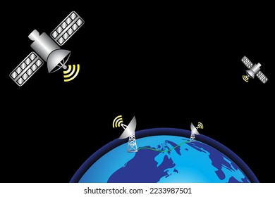 Satellites in orbit around earth. Global communication connect concept. 3D vector.