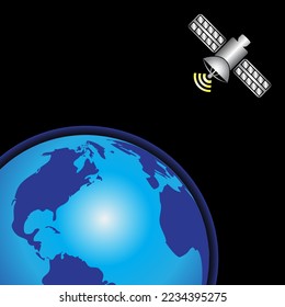 Satellites in orbit around earth. Global communication connect concept. 3D vector.