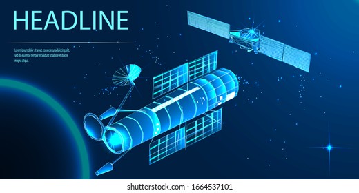 Satellites in orbit of the Earth. Spy satellite and satellite inspector in space. View from space. Intelligence service. Low poly wireframe style. Vector