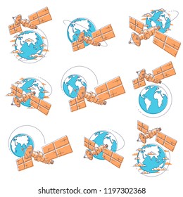 Satellites orbiting around earth, spaceflight, communication spacecraft space station with solar panels and satellite antenna plate. Thin line 3d vector illustrations set isolated over white.