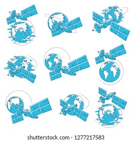 Satellites orbiting around earth, spaceflight, communication spacecraft space station with solar panels and satellite antenna plate. Thin line 3d vector illustrations set isolated over white.