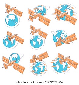 Satellites orbiting around earth, spaceflight, communication spacecraft space station with solar panels and satellite antenna plate. Thin line 3d vector illustrations set isolated over white.