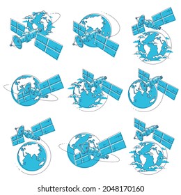 Satélites en órbita alrededor de la tierra, vuelo espacial, estación espacial de naves espaciales de comunicaciones con paneles solares y placa de antena satelital. Ilustraciones vectoriales de línea delgada 3d establecidas aisladas sobre blanco.
