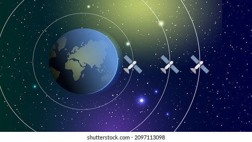 Satellites orbits around the Planet Earth. Realistic vector illustration