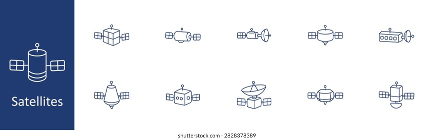 Satellites set icon. Communication spacecraft, orbital device, antenna transmitter, navigation module, telemetry system, aerospace technology, signal transmission, global coverage, space exploration