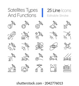 Satellites types linear icons set. Celestial bodies observation, exploration perfomance. Customizable thin line contour symbols. Isolated vector outline illustrations. Editable stroke