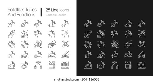 Satellites types linear icons set for dark and light mode. Celestial bodies observation, exploration system. Customizable thin line symbols. Isolated vector outline illustrations. Editable stroke