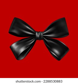 Satin black bow on a red background. Realistic commemorative event invitation design. An elegant object.