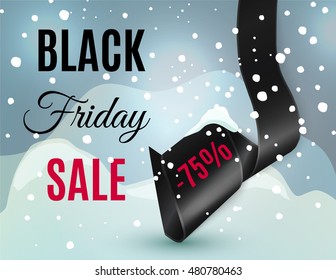Satin black ribbon with Black Friday SALE text and snowflakes