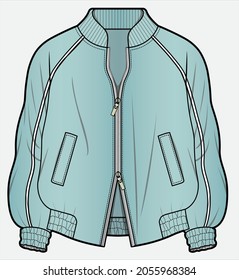 SATIN BOMBER UNISEX JACKET WITH TIPPING DETAILED RAGLAN SLEEVES DESIGNED FOR MEN AND WOMEN IN VECTOR ILLUSTRATION