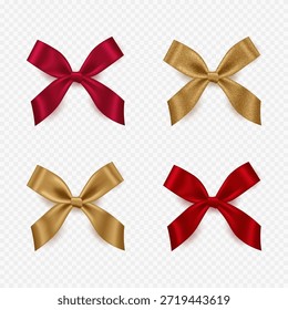 Satin Bow in different colors isolated on a transparent background. Realistic Vector Illustration