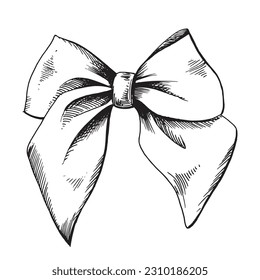 Satin bow, hand drawn illustration in black ink, graphic. EPS vector. Isolated object on a white background.