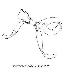 Satin bow for holidays and gifts. Black and white vector illustration. A hand-drawn sketch of a lush bow in ink in a simple stylefor birthday, wedding or Christmas celebration. 