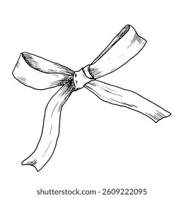 Satin bow for holidays and gifts. Black and white vector illustration. A hand-drawn sketch of a lush bow in ink in a simple stylefor birthday, wedding or Christmas celebration. 