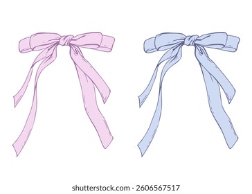 Satin bow made of fabric, narrow in two layers with long twisted ribbons. Graphic sketch illustration hand drawn line art, outline in blue and pink. Single isolated element vector EPS, for decoration