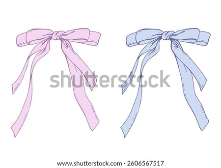 Satin bow made of fabric, narrow in two layers with long twisted ribbons. Graphic sketch illustration hand drawn line art, outline in blue and pink. Single isolated element vector EPS, for decoration