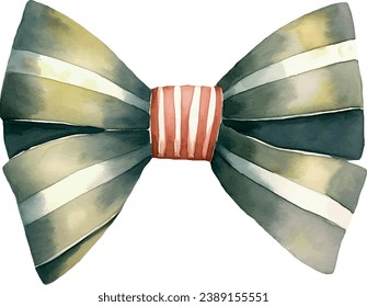 Satin bow with red ribbon in deep green color, watercolor vector illustration and christmas element. Template for gift decoration, greeting cards, invitation, wedding card, save the date, celebration.