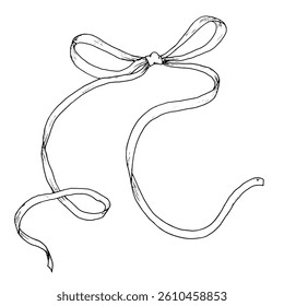Satin bow with ribbons, for holidays and gifts. Black and white vector illustration. A hand-drawn ink bow sketch in a simple style for celebrating a birthday, wedding or Christmas.