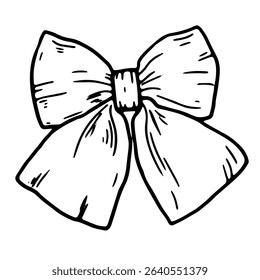 Satin bow with ribbons, for holidays and gifts. Black and white vector illustration. A hand-drawn ink bow sketch in a simple style for celebrating a birthday, wedding or Christmas.