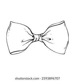 Satin bow-butterfly made of fabric wide ribbon. Graphic sketch illustration hand drawn line art, outline in black ink. Single isolated element vector EPS, for hair decoration, clothes, gifts, holidays