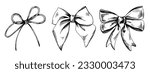 Satin bows and rope bow, hand-drawn illustration in black ink, graphics. eps vector. Set of isolated objects on a white background.