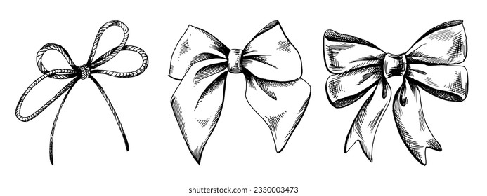 Satin bows and rope bow, hand-drawn illustration in black ink, graphics. eps vector. Set of isolated objects on a white background.